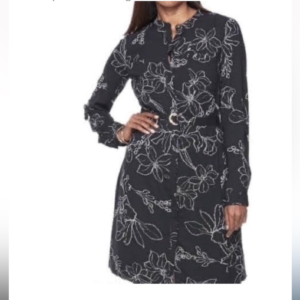 Apt. 9 Back & White Abstract Floral Print Button Up Shirt Dress Size L